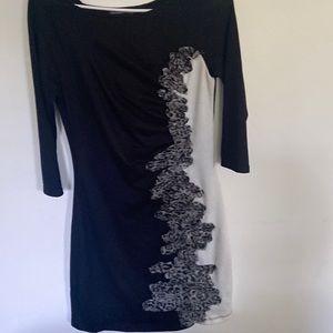 Madison Paige black, gray and white dress, thre quarter length sleeve.